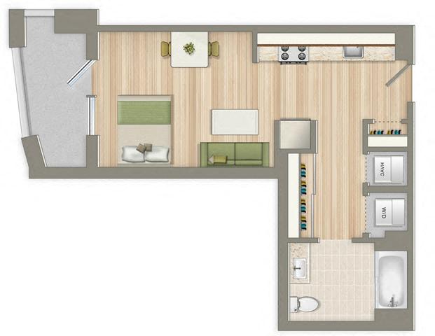 Floor plan for studio, 1 bath, 495 sqft